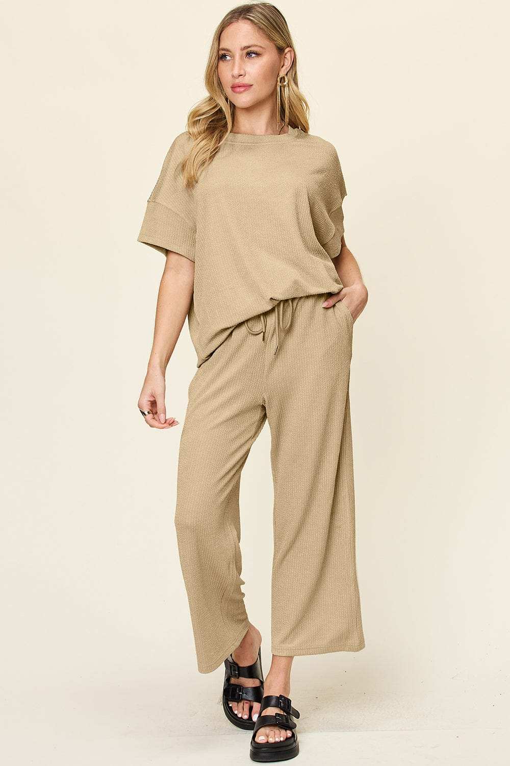 Double Take Full Size Texture Round Neck Short Sleeve T-Shirt and Wide Leg Pants - Trendsi - Flyclothing LLC