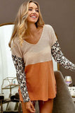 BiBi Color Block Leopard V Neck Knit Top - Trendsi - Flyclothing LLC
