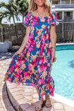 Printed Square Neck Short Sleeve Midi Dress - Trendsi - Flyclothing LLC