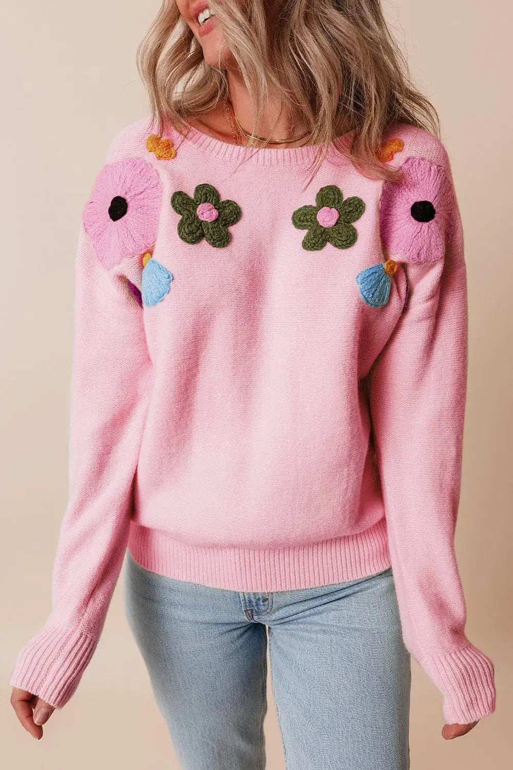 Crochet Flower Round Neck Dropped Shoulder Sweater - Trendsi - Flyclothing LLC