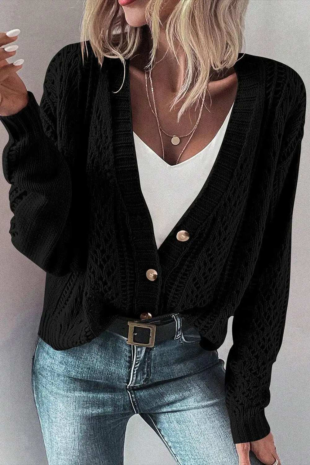 Openwork Button Up Long Sleeve Cardigan - Trendsi - Flyclothing LLC