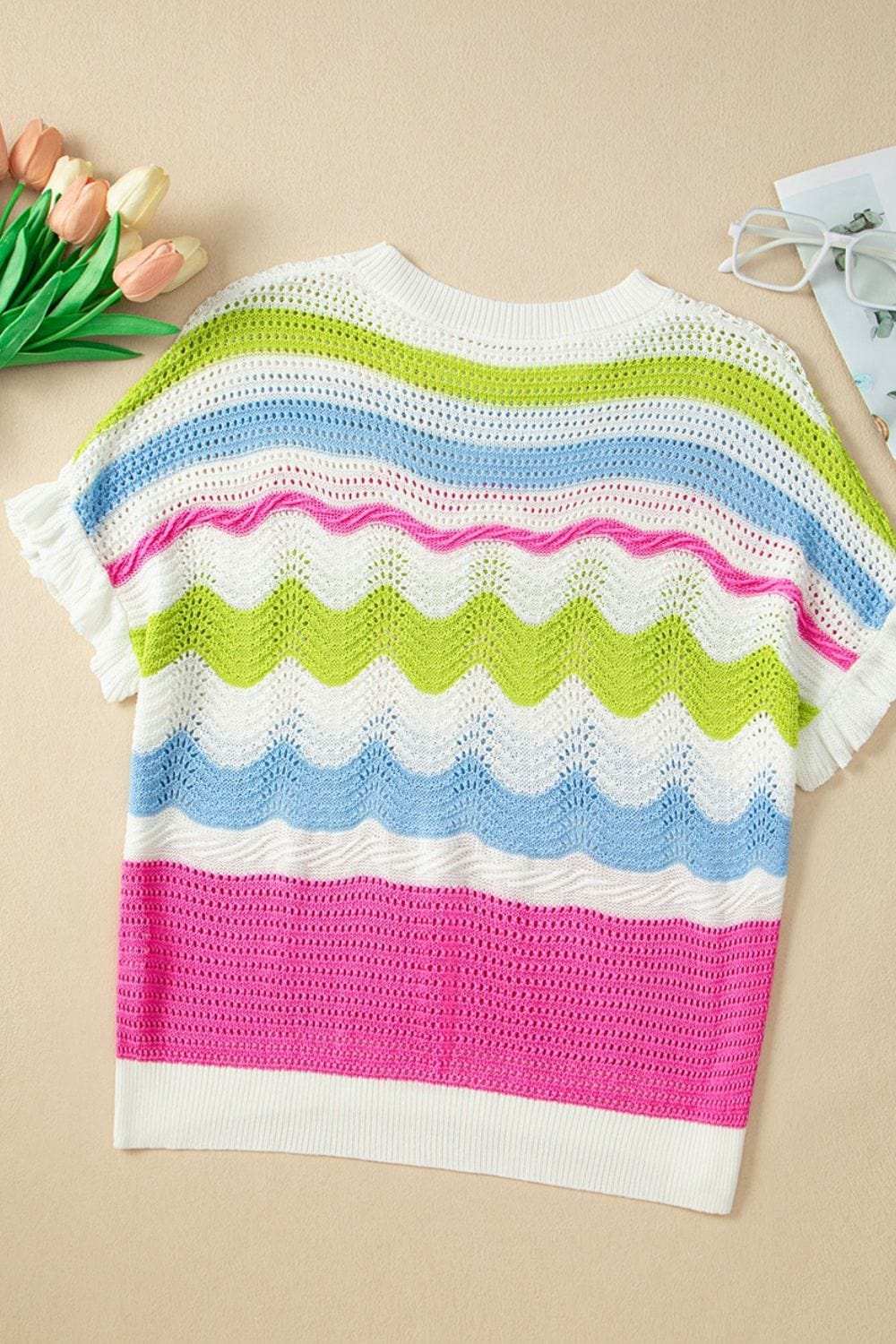 Color Block Crochet Ruffled Short Sleeve Knit Top - Trendsi - Flyclothing LLC