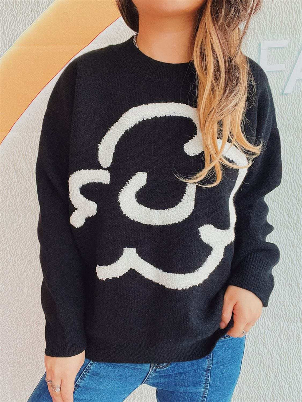 Contrast Round Neck Long Sleeve Sweater - Trendsi - Flyclothing LLC