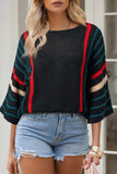 Striped Boat Neck Three-Quarter Sleeve Knit Top - Trendsi - Flyclothing LLC
