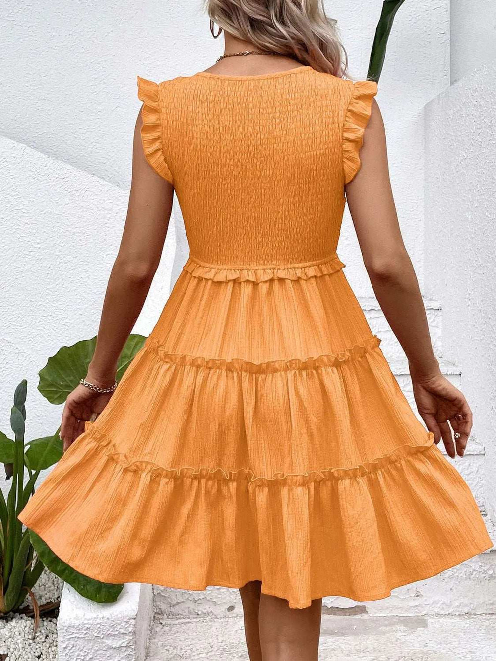 Ruffled V-Neck Cap Sleeve Dress - Trendsi - Flyclothing LLC