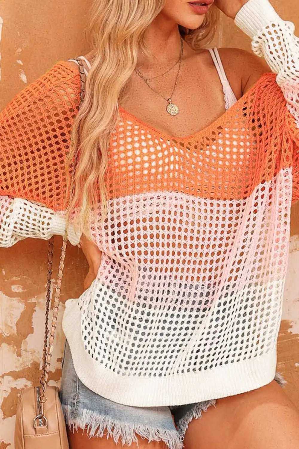 Twisted Back Round Neck Contrast Knit Cover Up - Trendsi - Flyclothing LLC