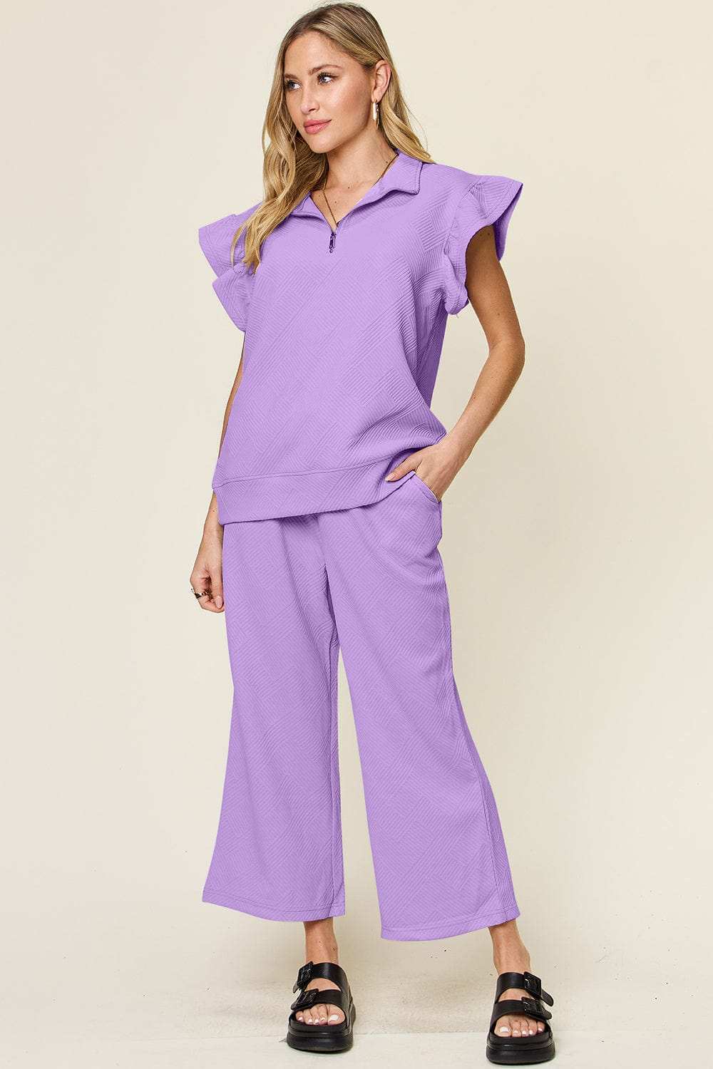 Double Take Texture Ruffle Short Sleeve Top and Drawstring Wide Leg Pants Set - Trendsi - Flyclothing LLC
