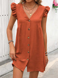 Button Up V-Neck Cap Sleeve Mini Dress - Trendsi - Flyclothing LLC