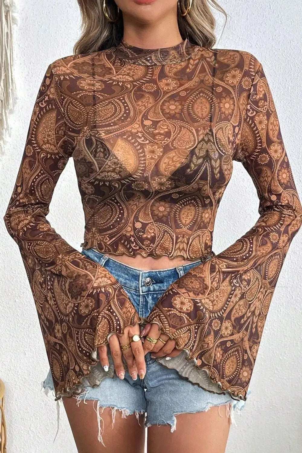 Printed Mock Neck Flare Sleeve Top - Trendsi - Flyclothing LLC