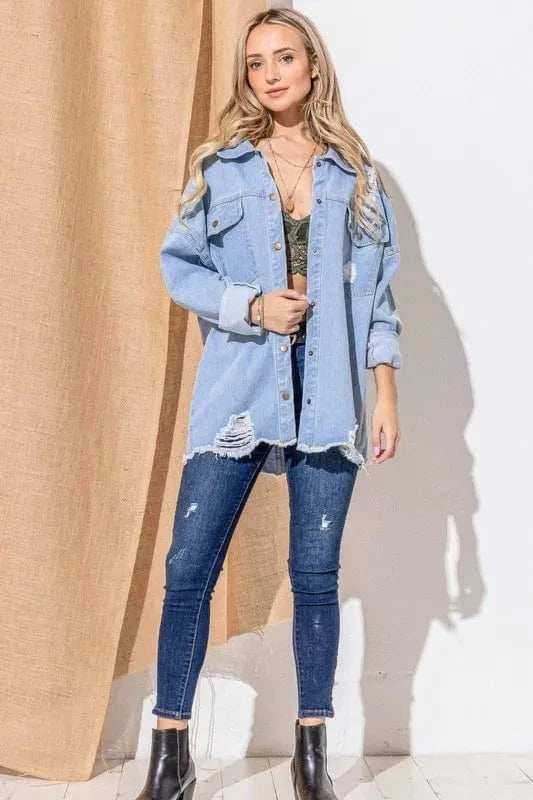 And The Why Button Front Flap Pocket Ripped Denim Jacket - Trendsi - Flyclothing LLC