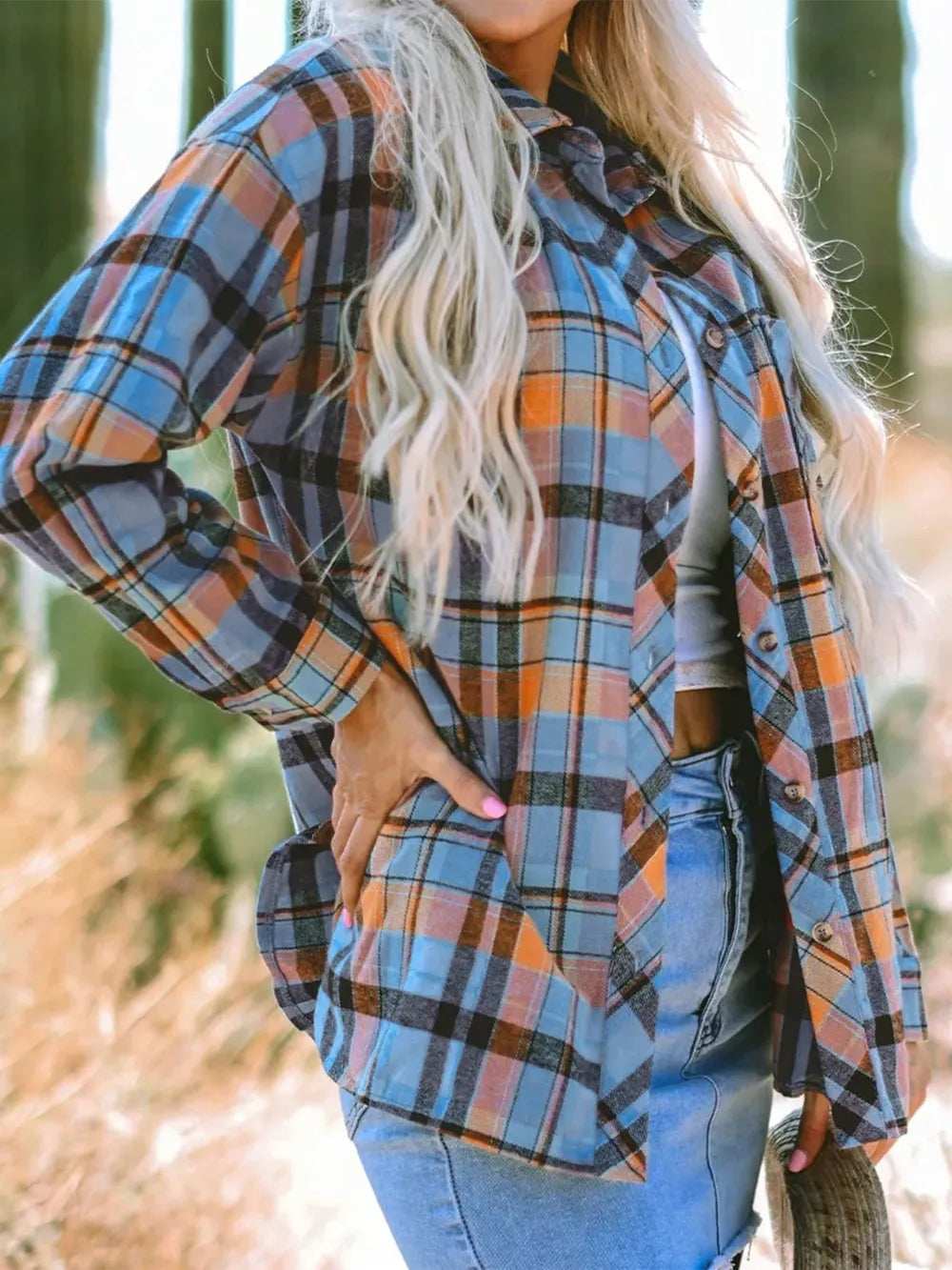 Plaid Collared Neck Long Sleeve Shirt - Trendsi - Flyclothing LLC