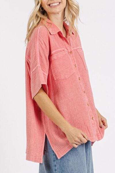 Mittoshop Mineral Wash Gauze Oversized Short Sleeve Shirt - Trendsi - Flyclothing LLC