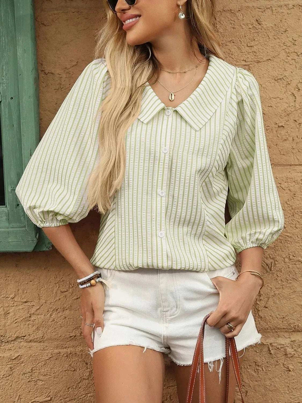 Striped Button Down 3/4 Sleeve Shirt - Trendsi - Flyclothing LLC