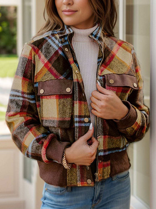 Pocketed Plaid Long Sleeve Jacket - Trendsi - Flyclothing LLC