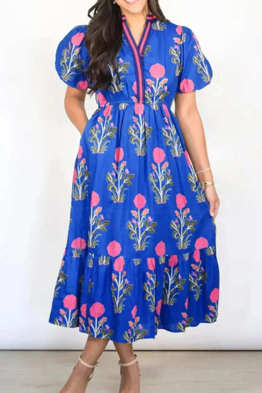 Floral Puff Short Sleeve Notched High Waist Dress - Trendsi - Flyclothing LLC