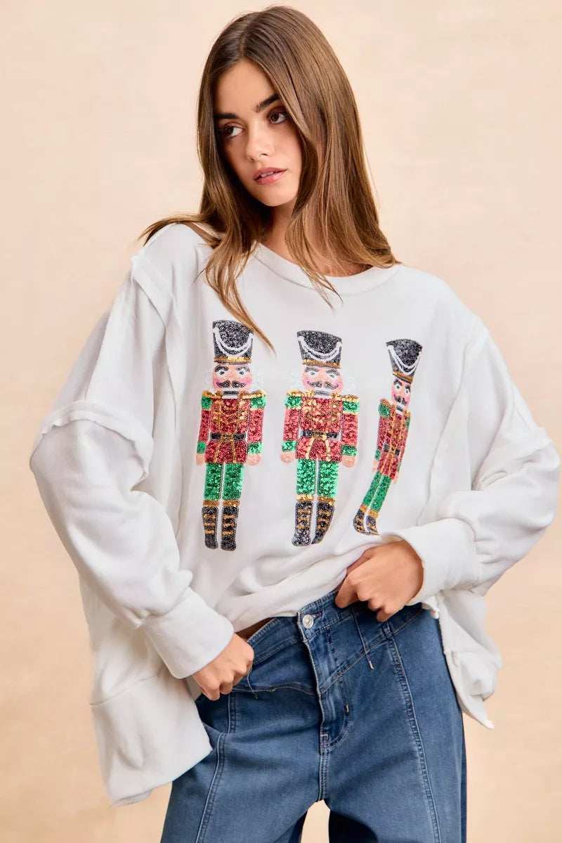 BiBi Christmas Sequin Nutcrackers Embroidery Sweatshirt - Trendsi - Flyclothing LLC