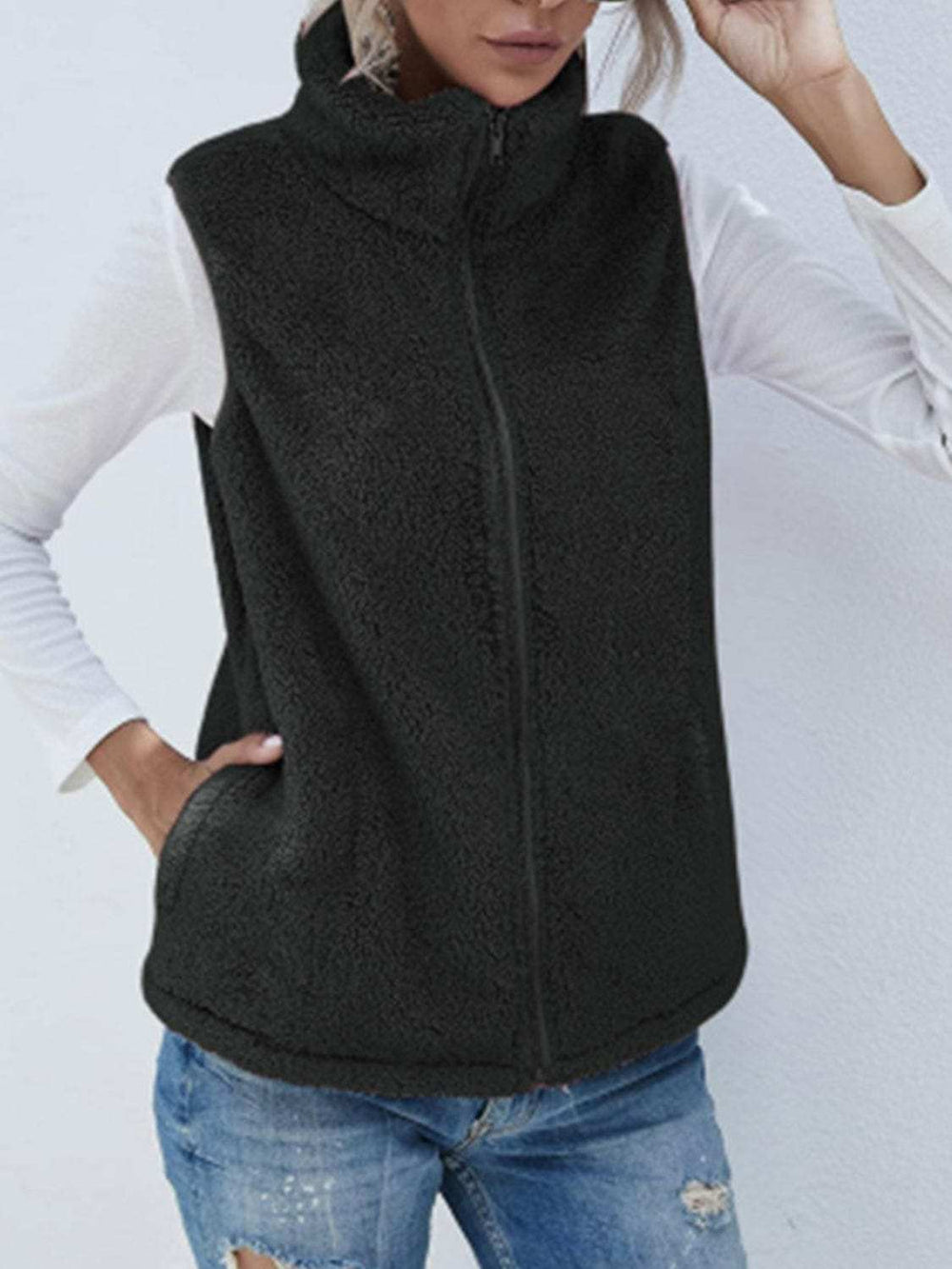Full Size Fuzzy Zip Up Vest Coat with Pockets - Trendsi - Flyclothing LLC