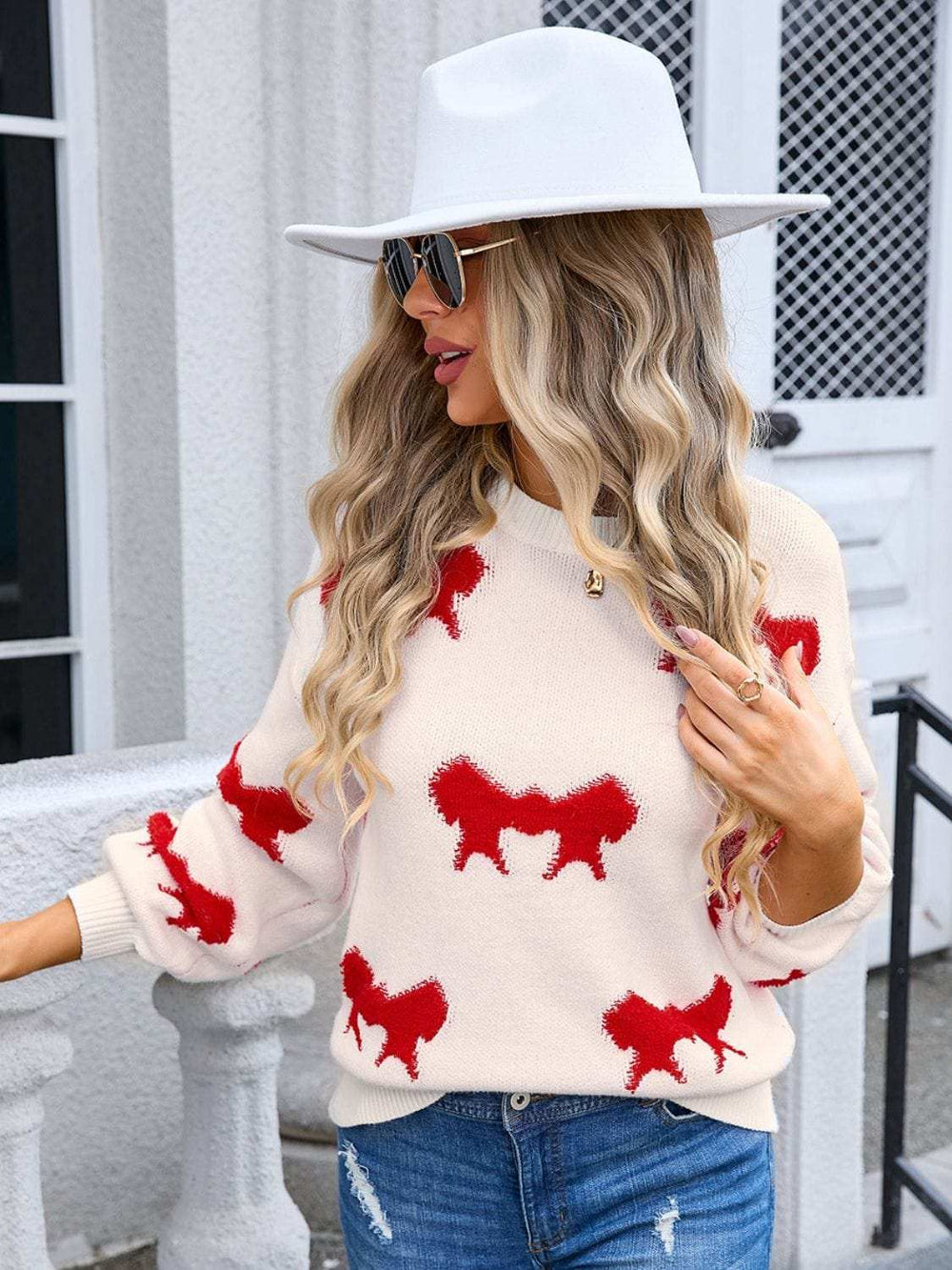 Angel Wings Bow Round Neck Dropped Shoulder Sweater - Trendsi - Flyclothing LLC