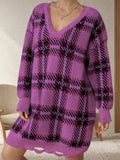 Distressed Plaid V-Neck Long Sleeve Sweater Dress - Trendsi - Flyclothing LLC