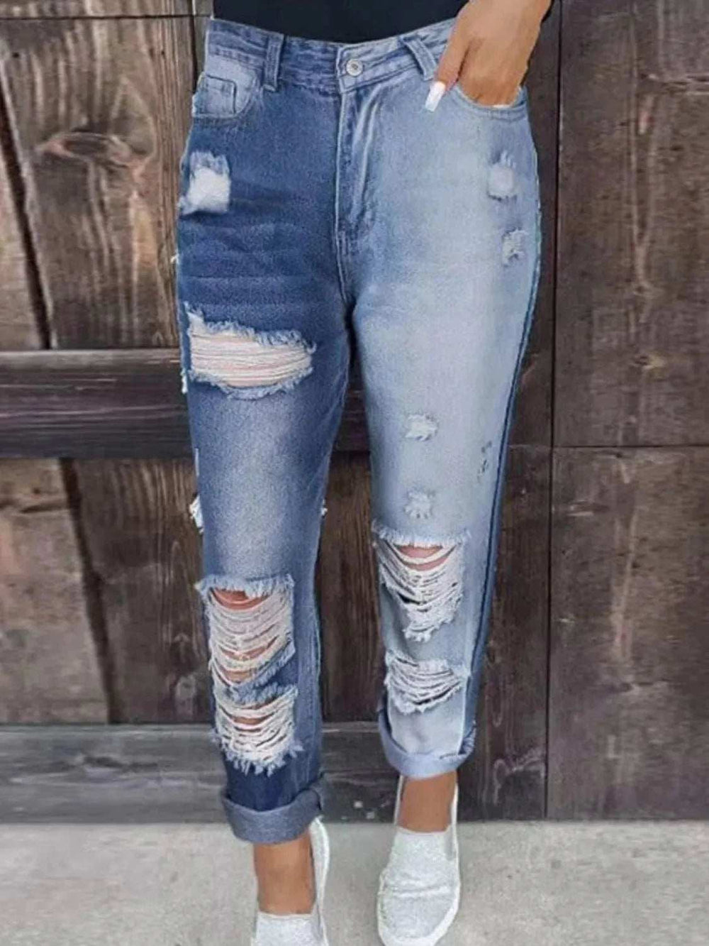 Distressed Jeans with Pockets - Trendsi - Flyclothing LLC