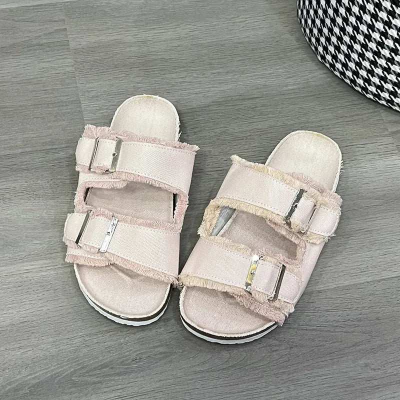 Raw Hem Open Toe Double Buckle Sandals - Trendsi - Flyclothing LLC