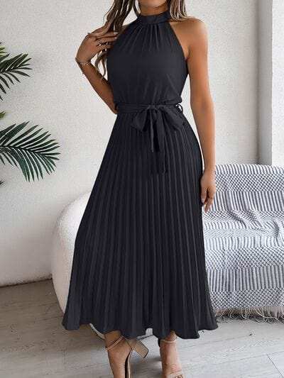 Pleated Tie Waist Sleeveless Midi Dress - Trendsi - Flyclothing LLC
