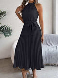 Pleated Tie Waist Sleeveless Midi Dress - Trendsi - Flyclothing LLC