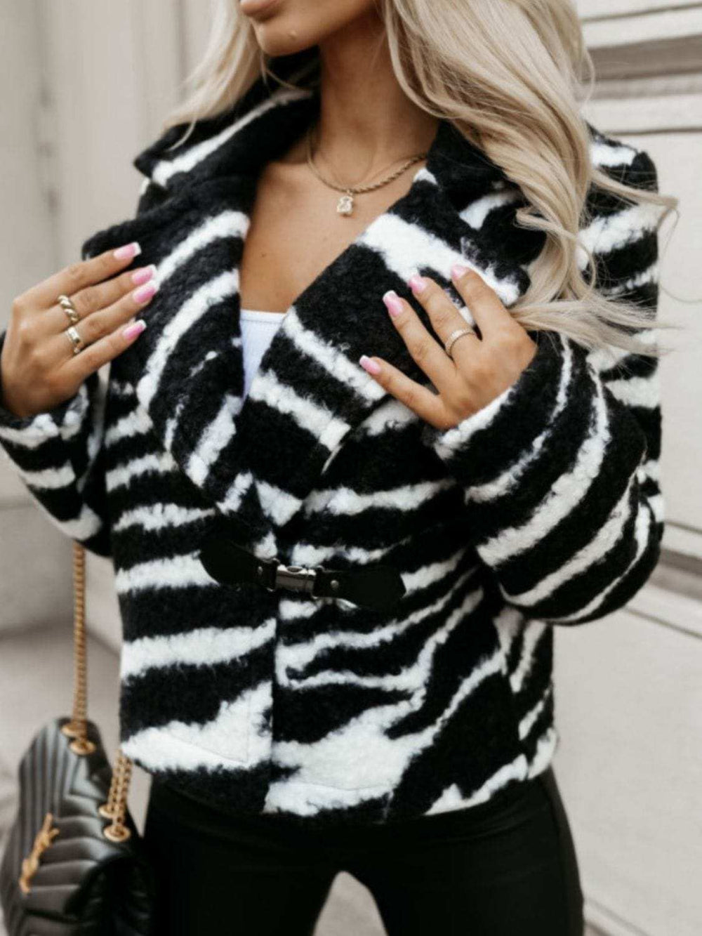 Fuzzy Animal Print Collared Neck Coat - Trendsi - Flyclothing LLC