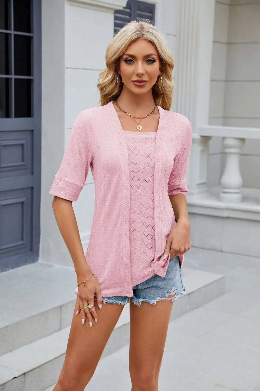 Texture Square Neck Half Sleeve Blouse - Trendsi - Flyclothing LLC