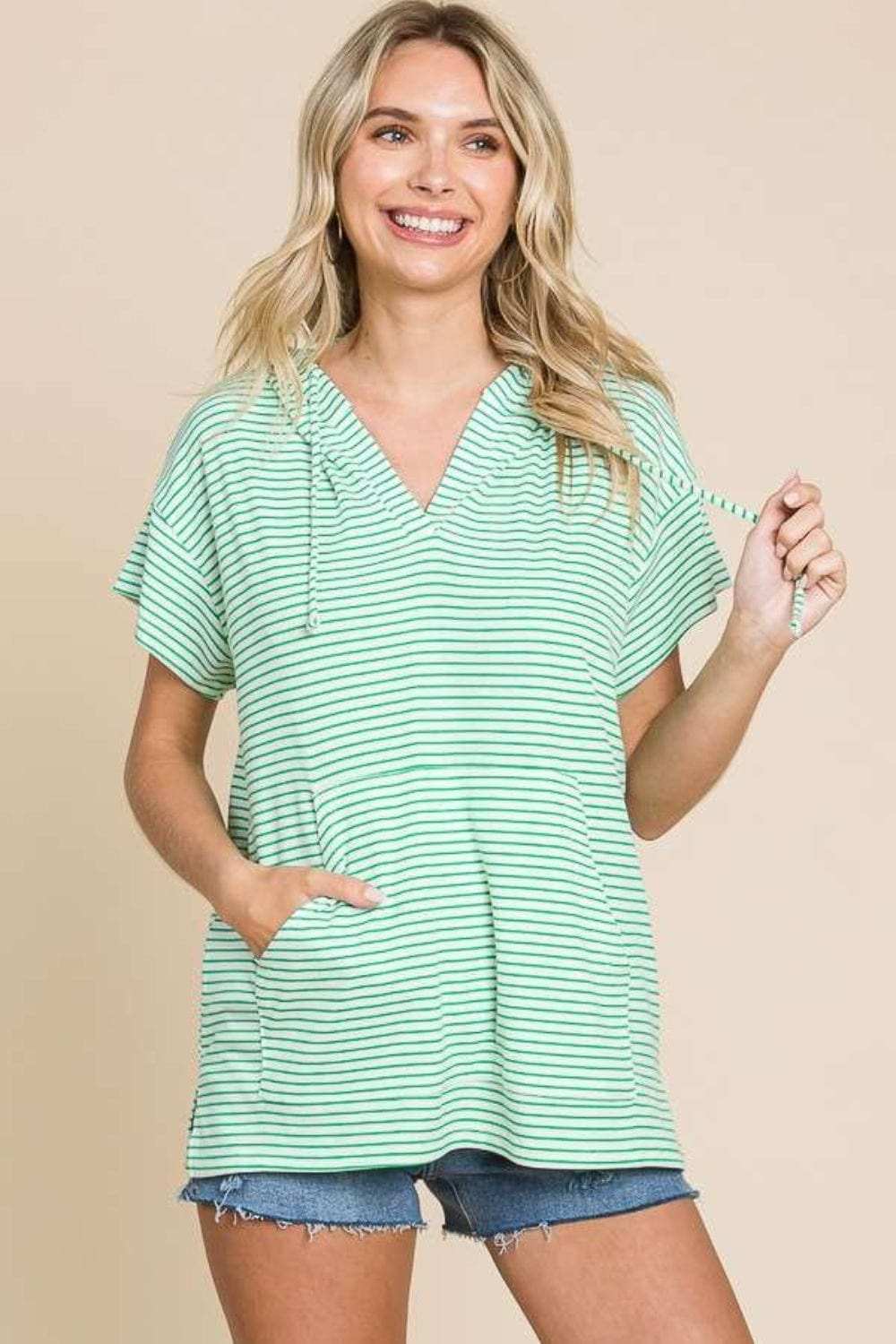 Culture Code Full Size Striped Short Sleeve Hooded Top - Trendsi - Flyclothing LLC