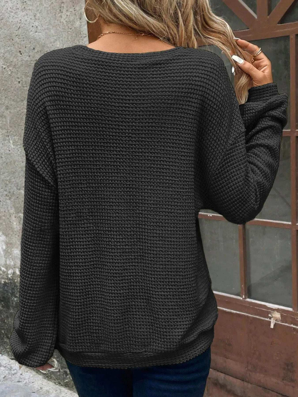 Plus Size Relaxed Fit Waffle Knit Round Neck T-Shirt - Trendsi - Flyclothing LLC