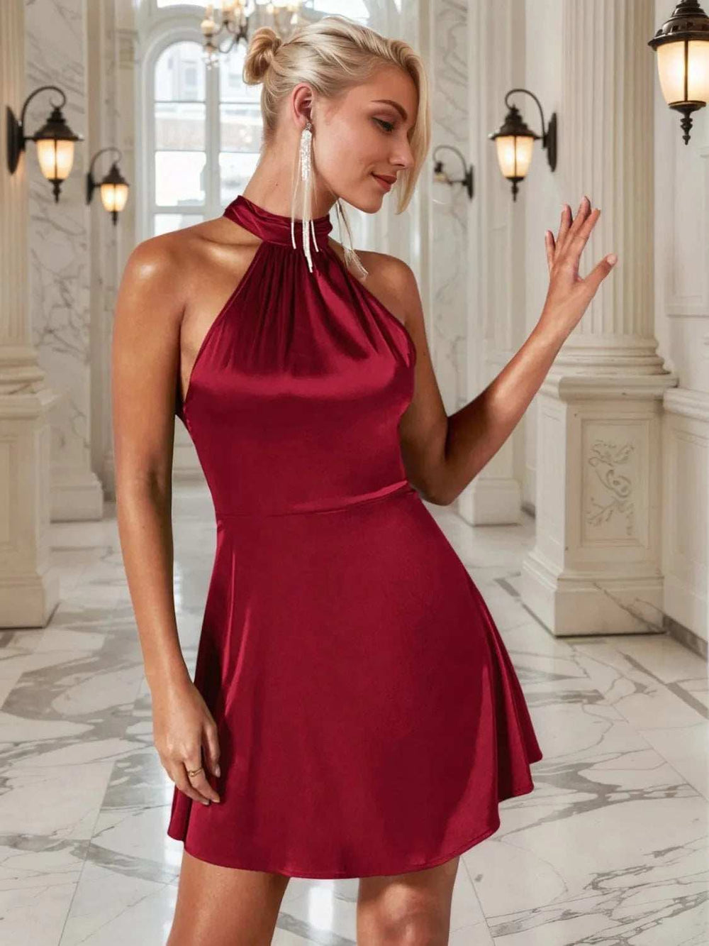 Ruched Grecian Neck Mini Dress - Trendsi - Flyclothing LLC