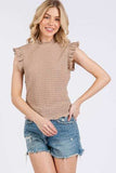 Ces Femme Texture Mock Neck Ruffle Cap Sleeve Blouse - Trendsi - Flyclothing LLC
