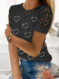 Full Size Lace Detail Heart Round Neck Short Sleeve Top - Trendsi - Flyclothing LLC