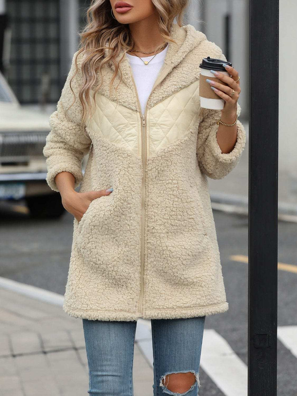 Fuzzy Zip Up Long Sleeve Hooded Jacket - Trendsi - Flyclothing LLC