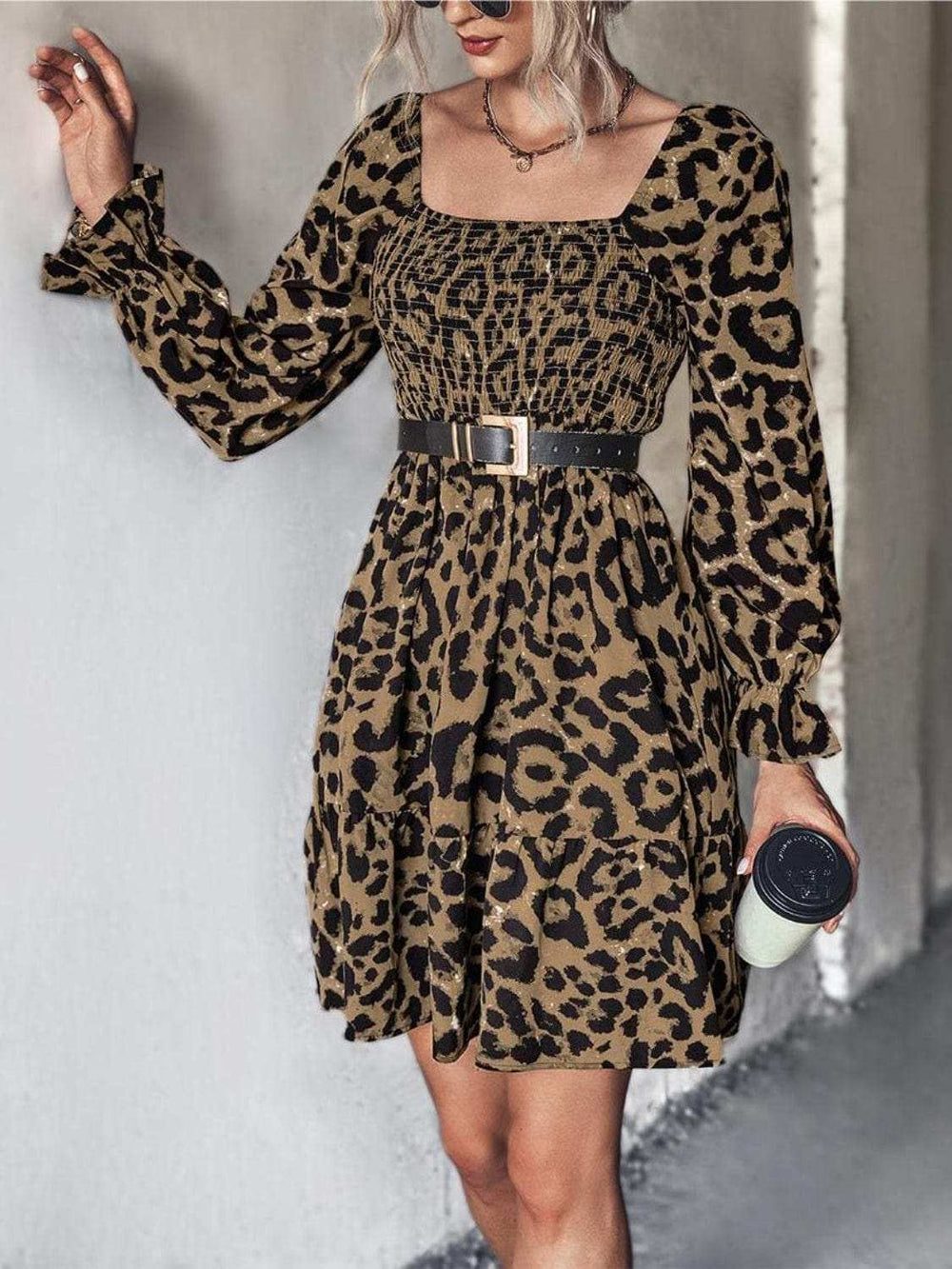 Leopard Smocked Flounce Sleeve Mini Dress - Trendsi - Flyclothing LLC