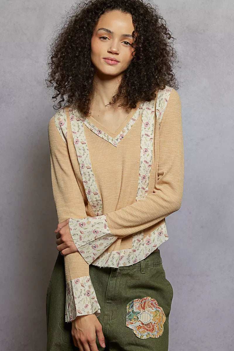 POL Floral Patch V-Neck Long Sleeve Ribbed Top - Trendsi - Flyclothing LLC