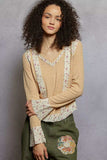 POL Floral Patch V-Neck Long Sleeve Ribbed Top - Trendsi - Flyclothing LLC