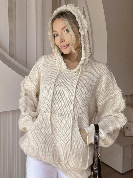 Drawstring Fringe Hem Long Sleeve Hooded Sweater - Trendsi - Flyclothing LLC