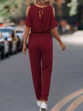 Cold Shoulder V-Neck Drawstring Waist Jumpsuit - Trendsi - Flyclothing LLC