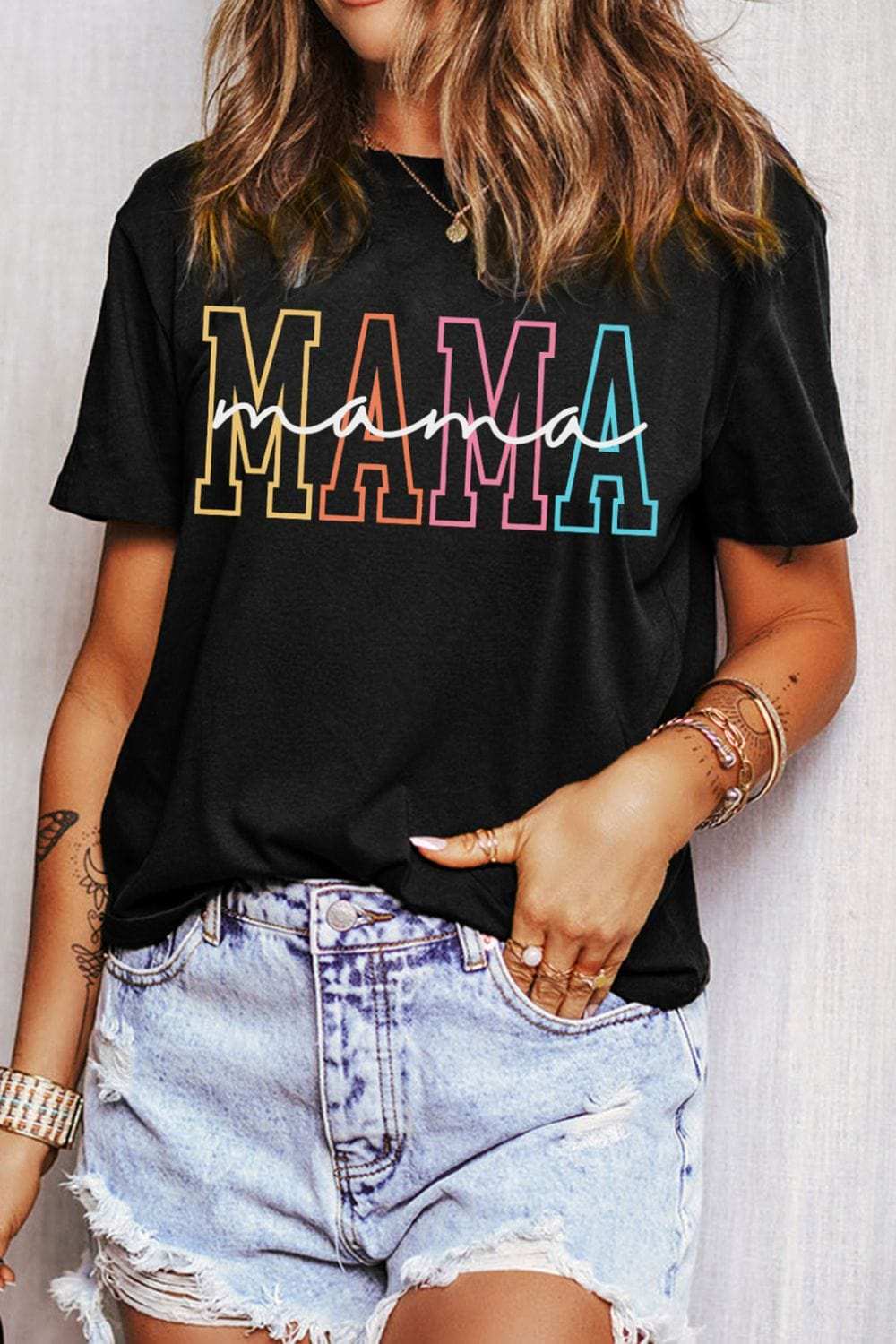 MAMA Round Neck Short Sleeve T-Shirt - Trendsi - Flyclothing LLC
