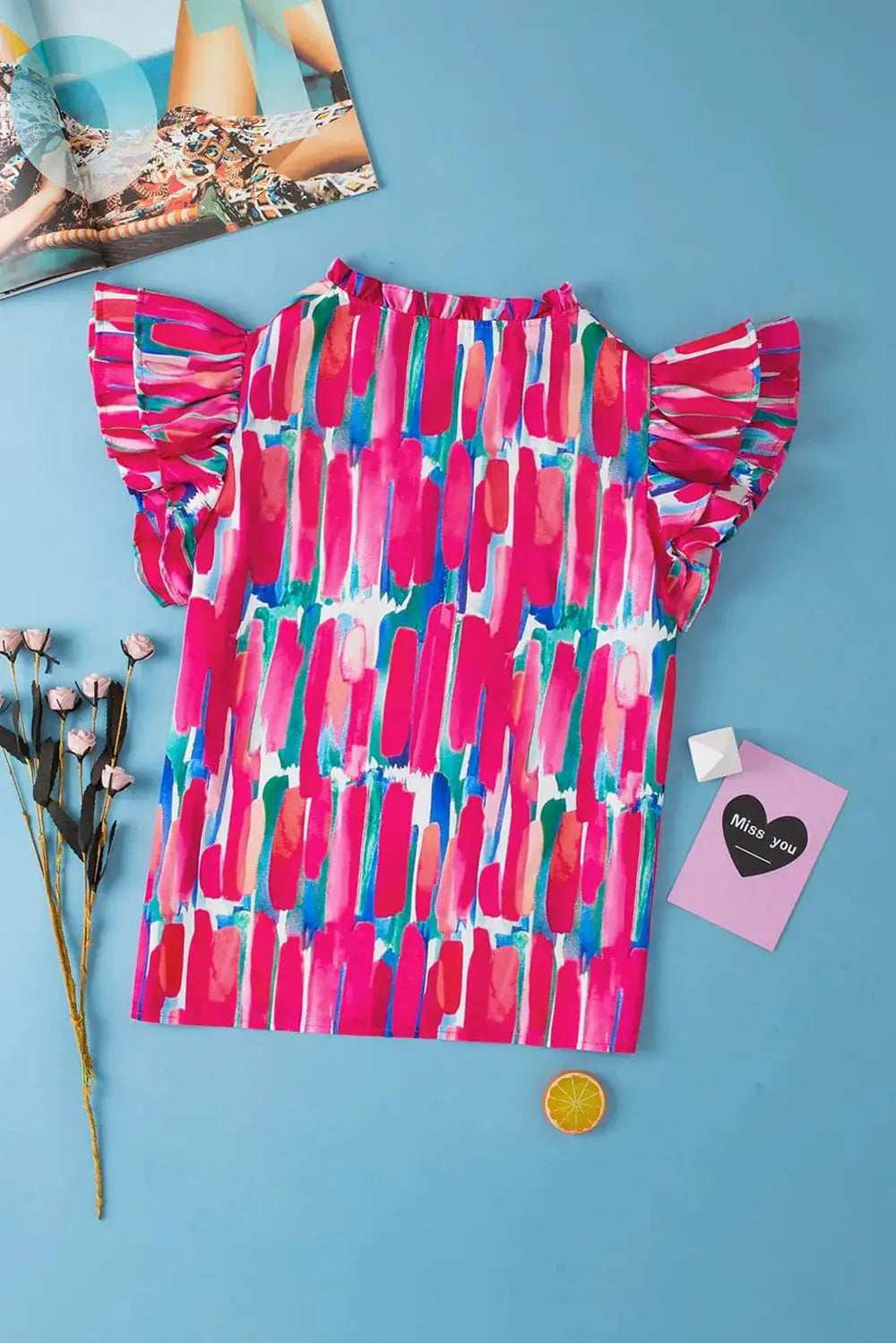 Ruffled Printed Notched Cap Sleeve Blouse - Trendsi - Flyclothing LLC