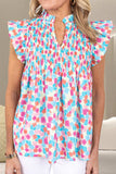Ruffled Printed Notched Cap Sleeve Blouse - Trendsi - Flyclothing LLC