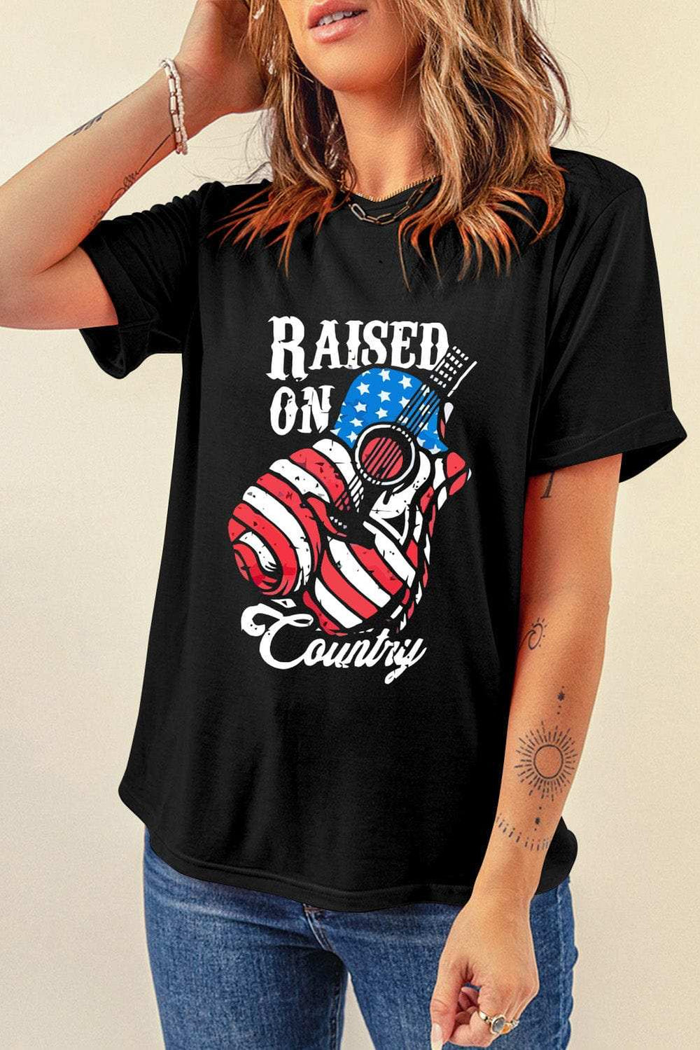 RAISED ON COUNTRY Round Neck T-Shirt - Trendsi - Flyclothing LLC