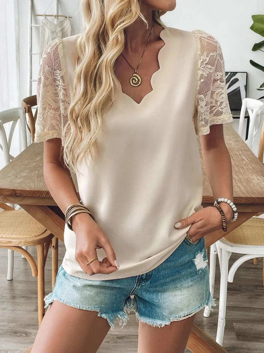 V-Neck Lace Short Sleeve T-Shirt - Trendsi - Flyclothing LLC