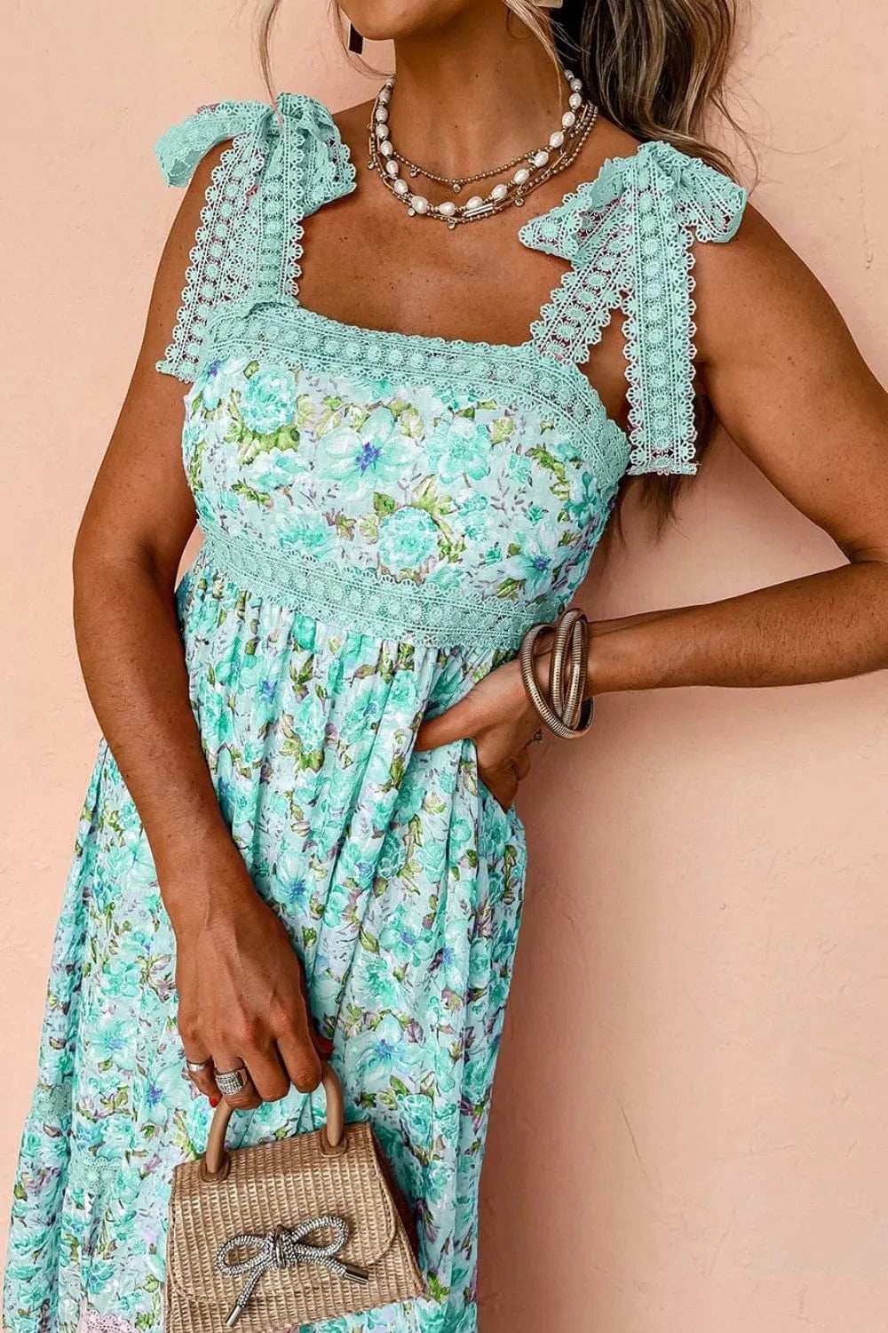 Lace Detail Square Neck Floral Dress - Trendsi - Flyclothing LLC