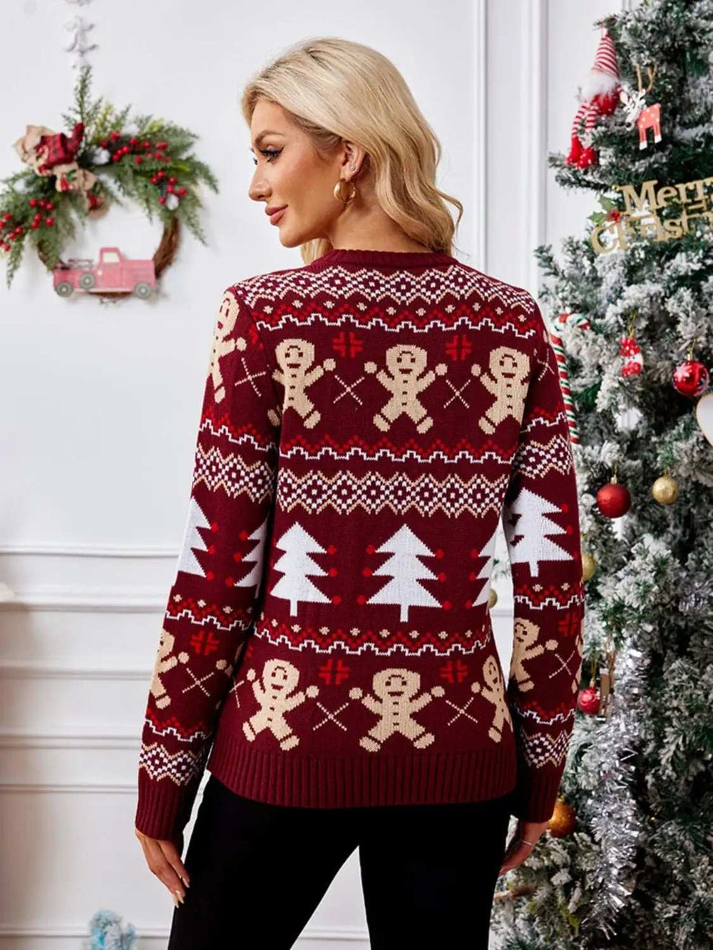 Gingerbread Round Neck Long Sleeve Sweater - Trendsi - Flyclothing LLC