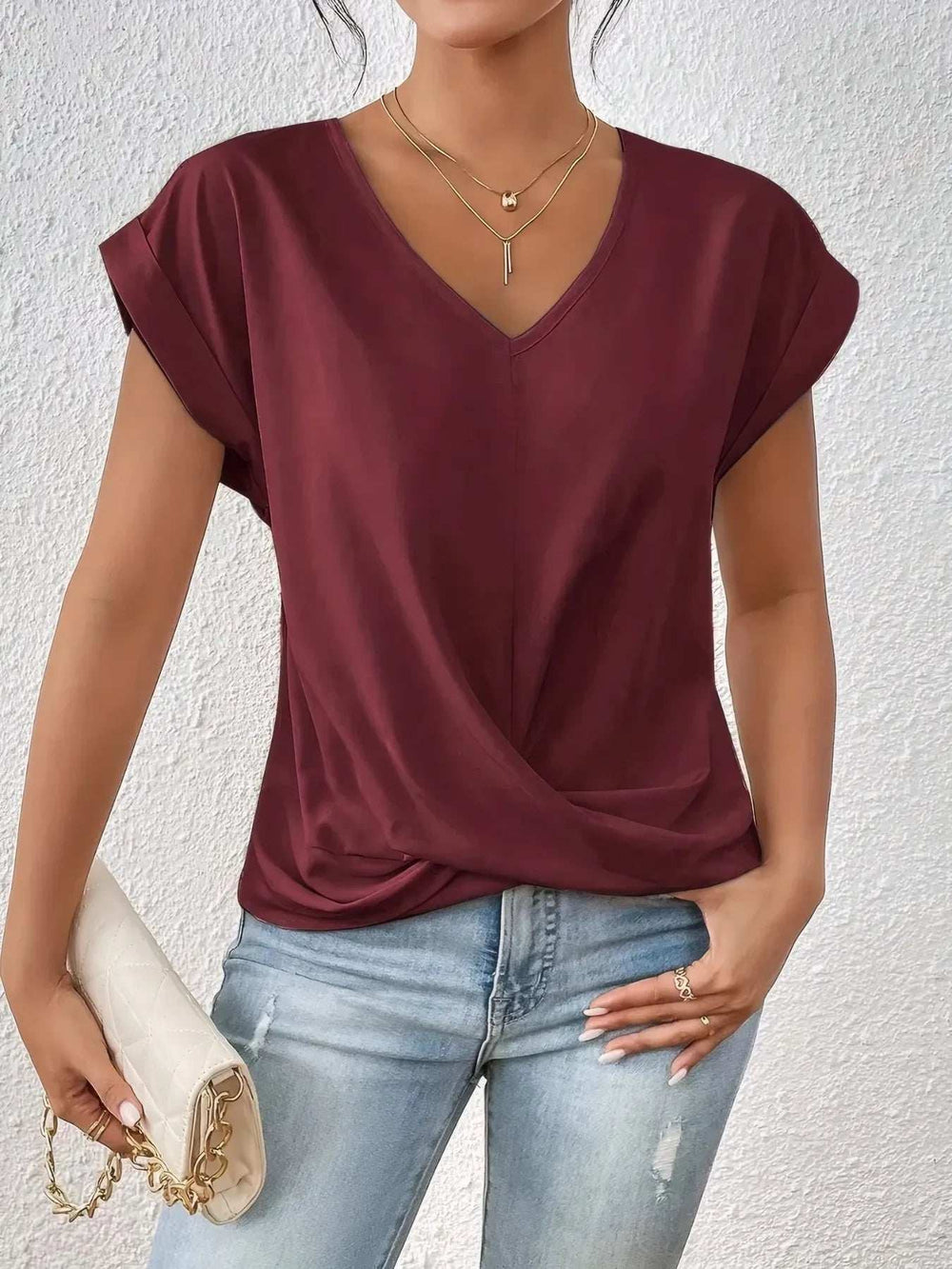 V-Neck Twist Front Top - Trendsi - Flyclothing LLC