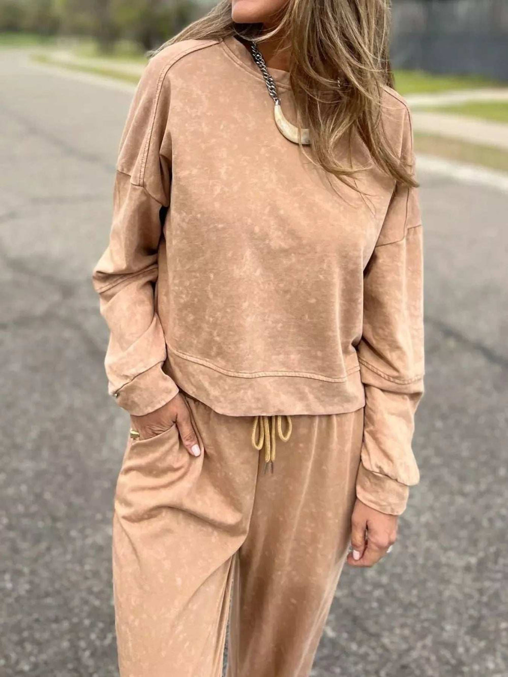 Full Size Washed Round Neck Top and Drawstring Pants Set Plus Size - Trendsi - Flyclothing LLC