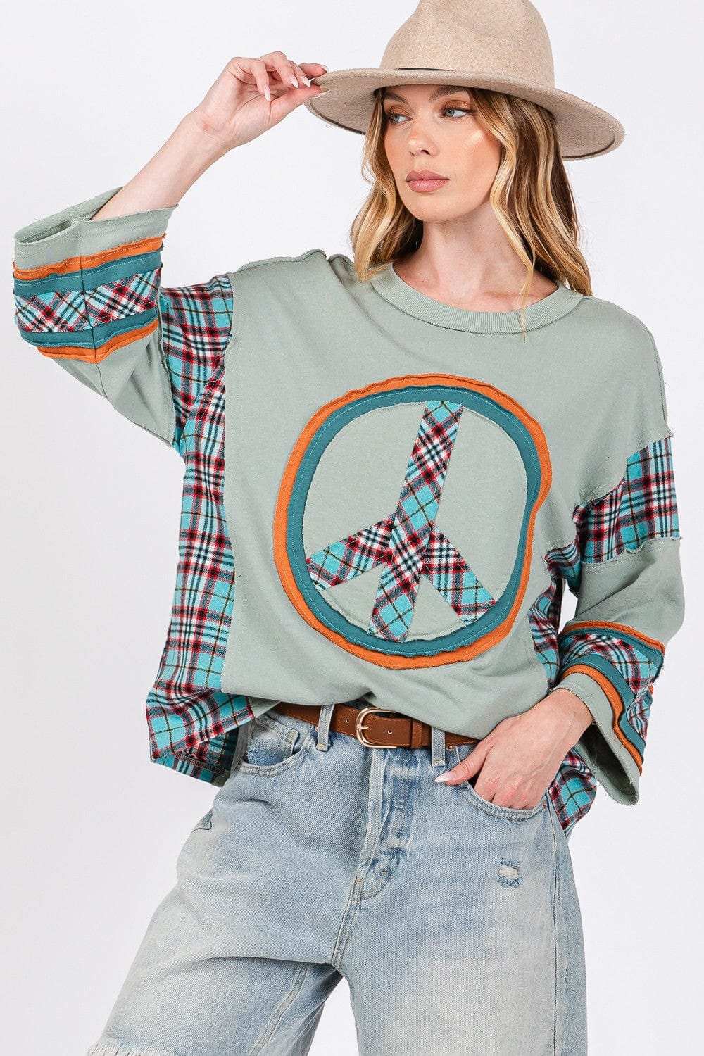 SAGE + FIG Peace Applique Patch Contrast Plaid Top - Trendsi - Flyclothing LLC